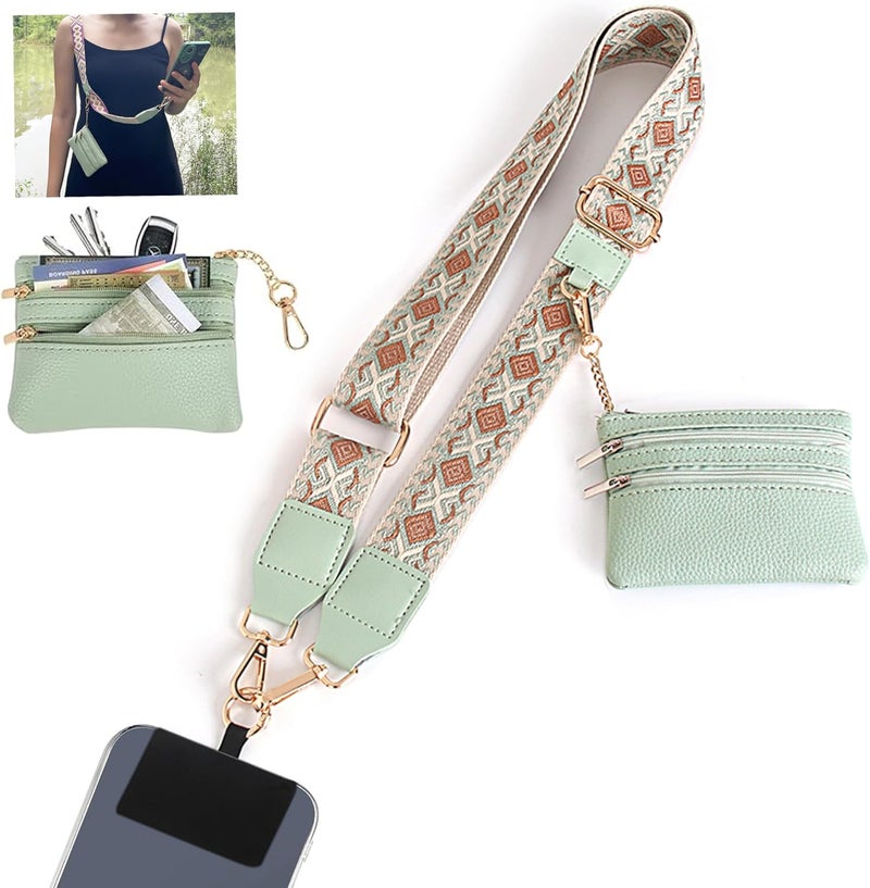 SCINYMC Clip and Go Strap for Phone with Wallet Crossbody, Adjustable Phone-Lanyards with Wallet, Phone Lanyard with Zippered Pouch, Crossbody iPhone Straps for All Phones, Green - Image 1